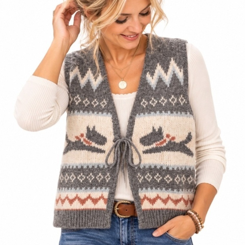 Cider Women's Fair Isle Dog Sweater Vest Medium Knit Gray Wool Blend Preppy